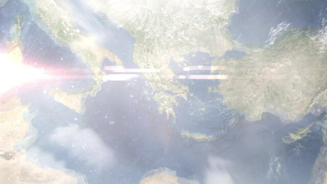 Zoom in from space and focus on Aigio, Greece. 3D Animation. Background for travel intro. Elements of this image furnished by NASA