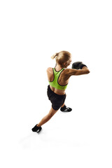 Left hook punch. Sportive young woman, boxing athlete with muscular body training isolated on white background. Top view. Concept of sport, active and healthy lifestyle, strength, endurance, body care