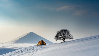 Lonely tree in the middle of snowy hill, tent under and near tree