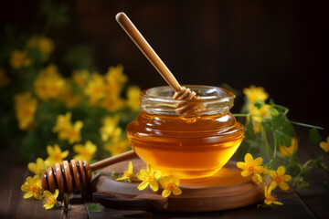 Bote con miel con fondo de flores amarillas. - obrazy, fototapety, plakaty
