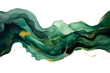 Pintura fluida verde estilo mármol con veteado de oro en fondo transparente.