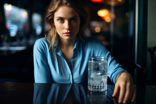 Mujer joven en un bar con un vaso de agua.