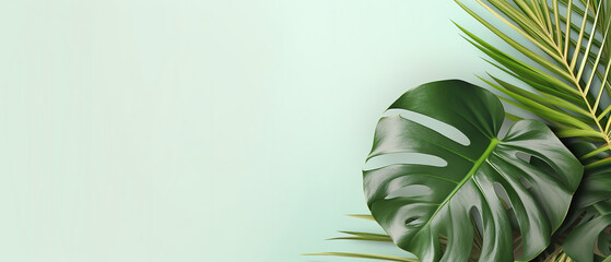 Monstera with light green background with copy space 