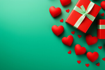 Fondo  verde con copyspace con regalos y corazones de san Valentín en una esquina de la imagen. - obrazy, fototapety, plakaty