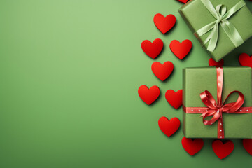 Fondo verde liso con regalos y corazones por san valentín. - obrazy, fototapety, plakaty