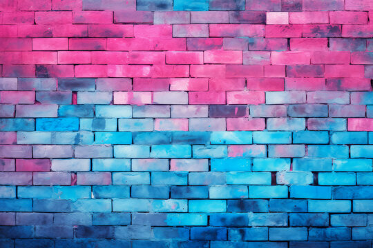 Muro de ladrillos de colores azules y rosas.