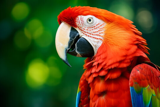 Loro guacamayo tropical con la jungla desenfocada de fondo (Psittacoidea)
