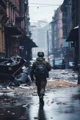 A lone soldier navigating a shattered street reflects the hardships and solitude that accompany military service.