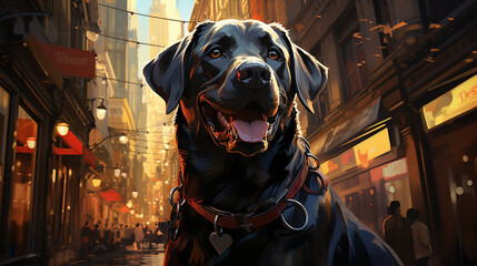 Friendly Labrador retriever guide dog navigating bustling city streets, AI Generated