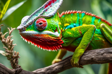 Obraz premium Close-Up of a Chameleon's Red and Green Blending Skin