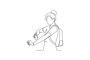 One continuous line drawing of Female tourists spraying insect repellent. Hospital health care concept single line draw design vector illustration
