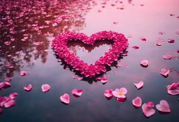 Heart-shaped pink flower petals on a lake