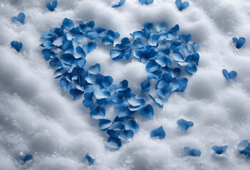 Heart-shaped blue flower petals on snow
