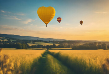 Yellow heart-shaped hot air balloon flying in the sky, Valentine's Day concept.