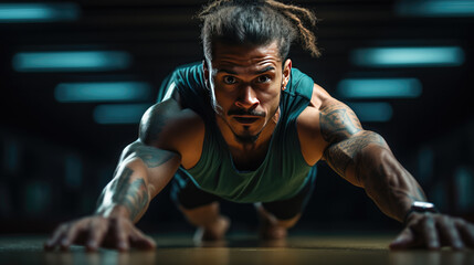Fototapeta premium A man with a sporty figure stands in the plank.