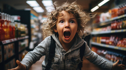  A child is screaming in a toy store. - obrazy, fototapety, plakaty