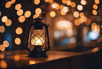 Old Christmas lantern with candle, bokeh lights in the background.