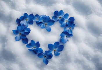 Heart-shaped blue flower petals on snow