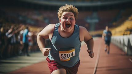 An overweight teenager is running in the stadium. A running marathon.