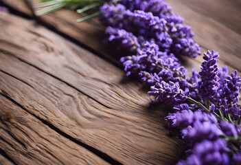 Lavender flowers close-up on a rustic wooden table.