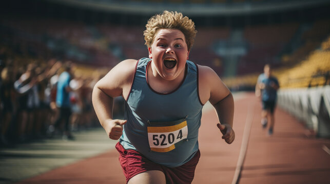 An Overweight Teenager Is Running In The Stadium. A Running Marathon.