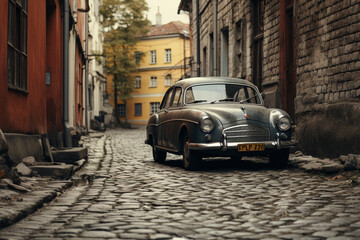 An old car is parked on a cobblestone street