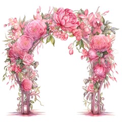 Watercolor illustration of a Wedding arch frame of pink roses, wedding card invitation, love story, romantic, on white background 