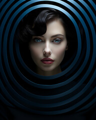 A strikingly beautiful woman with captivating blue eyes and bold red lips gazes directly at the viewer, exuding confidence and elegance in this fashion-forward portrait photography