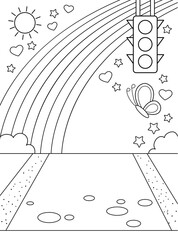 Road with a rainbow, traffic lights, butterflies. Background, coloring page, black and white vector illustration.