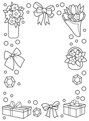 Background with flowers, flower bouquets, bows and gifts. Background, coloring page, black and white vector illustration.