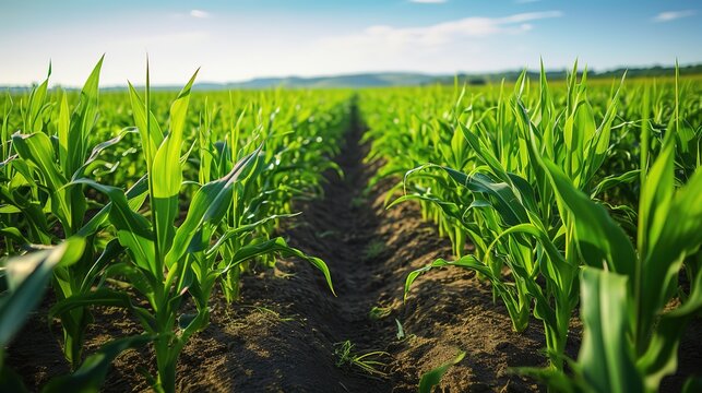 rows of young corn plants growing on the field, agricultural concept