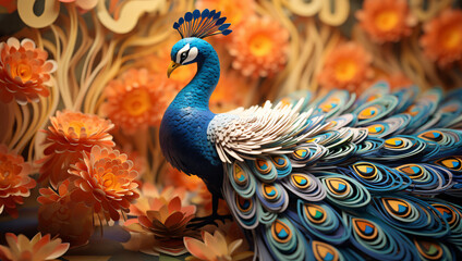 a majestic peacock displaying its plumage.  3d wallpaper background