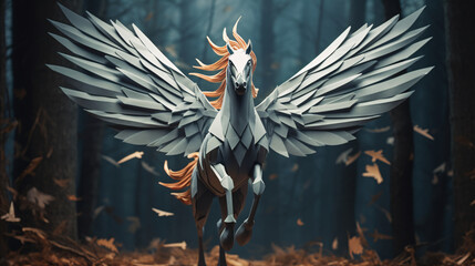 a mythical Pegasus created with paper folds. 3D wallpaper background