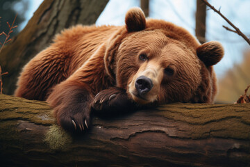 Bear Brown bear Mammal lying on tree