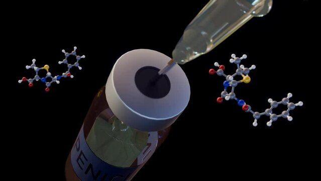 3D animation of penicillin G or Benzilpenisilin molecules with medical syringe and injectable drug