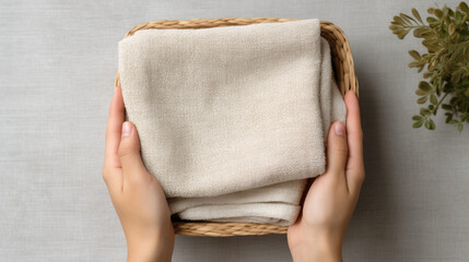 Top view folded Linen towel inside basket with hands of person holding it, Natural cosmetic beauty spa or laundry concept - obrazy, fototapety, plakaty