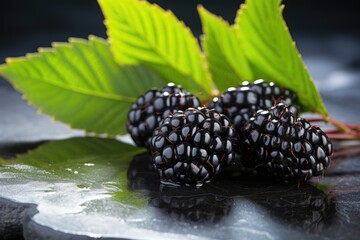 Mulberries fresh organic fruit on stone surface background. Generative Ai