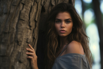 Fototapeta premium Beautiful Young Brunette Leaning Out From Behind a Tree Trunk