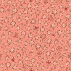 A botanical pattern of red and pink flowers and green leaves on a coral background.
