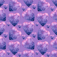 Seamless pattern of Heart shape watercolour illustration. Hand painted cosmic purple hearts on violet background. For poster, sketchbook cover, print, fabric, wrapping paper, wallpaper, your design.