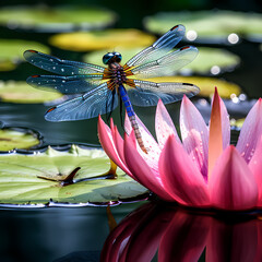 Dragonfly perched delicately on a water lily in a peaceful pond