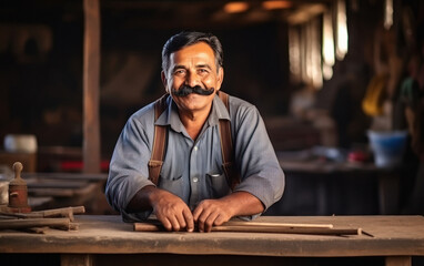 Indian senior male carpenter sitting at shop - obrazy, fototapety, plakaty