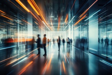 Blurred motion of business people walking in a luminous office hallway, long exposure