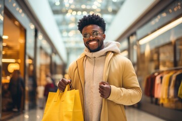 Cheerful young African American man shopping in a mall