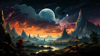 Gordijnen Deep Space Beauty Planet Orbit, Background Banner HD, Illustrations , Cartoon style © Alex Cuong