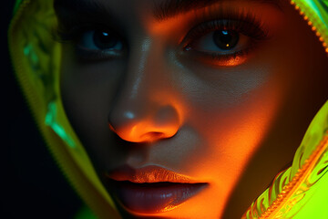 Close-up view of woman with fluorescent make-up