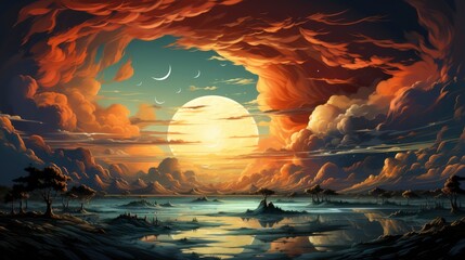 Dramadic Sunset Sky Blue Orange Light, Background Banner HD, Illustrations , Cartoon style