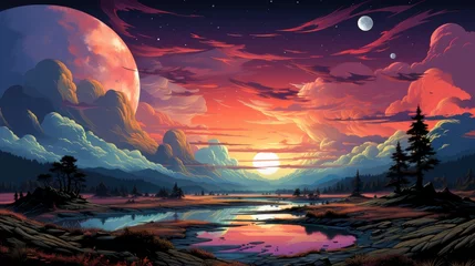 Foto op Plexiglas Dusk Sky Twilight Evening After Sundown, Background Banner HD, Illustrations , Cartoon style © Alex Cuong