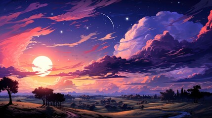 Dusk Sky Vertical After Sundown Crescent, Background Banner HD, Illustrations , Cartoon style