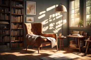 Reading corner bathed in soft afternoon light, featuring a comfy chair, a side table, and a tall bookshelf